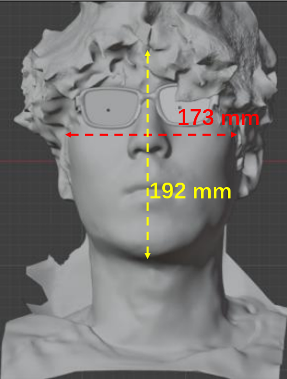 Front view of the same reconstructed face, annotated with width and height measurements of 173 and 192 mm.